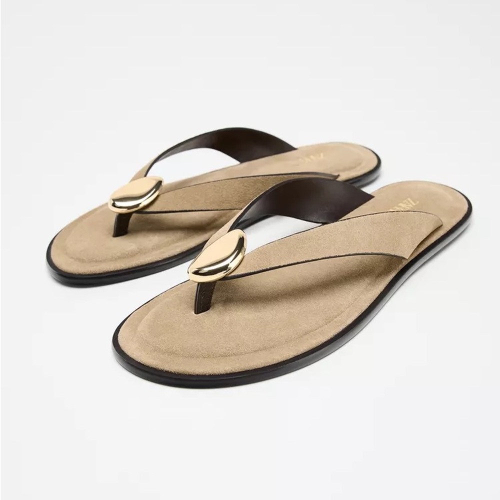 Zara Flat Split Suede Sandal with Metal Embellishment